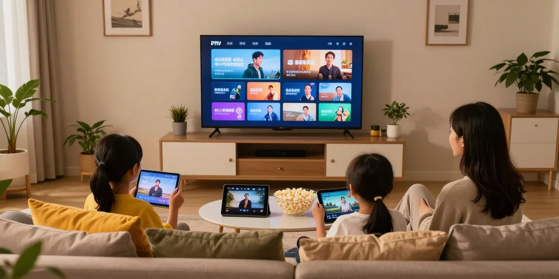 Famille profitant de l'abonnement Atlas Pro sur leur téléviseur dans un salon accueillant.