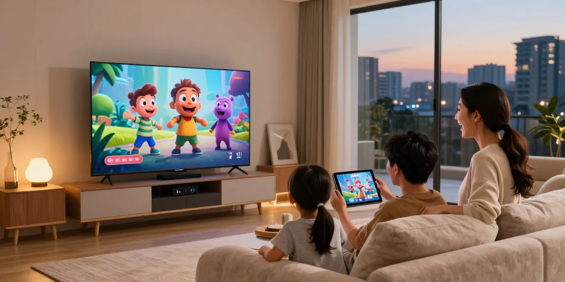 Famille utilisant l'application iron tv dans un salon moderne.